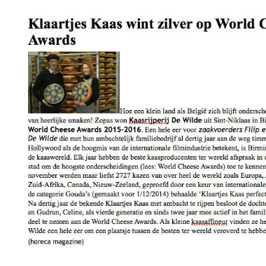 Horeca magazine - zilver world cheese award